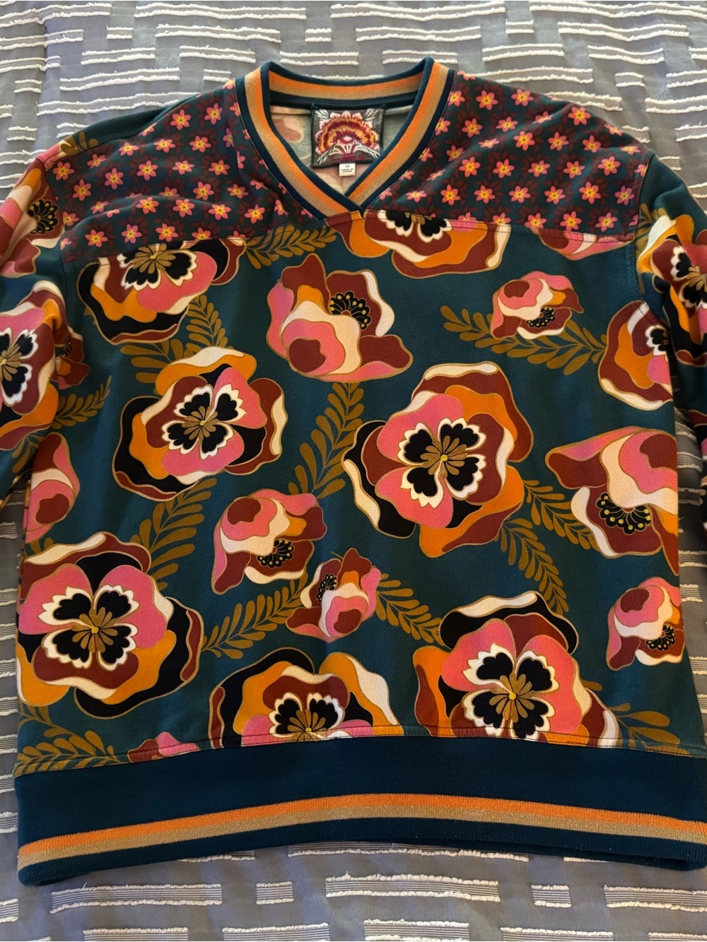 Johnny Was Teal Floral V-Neck Sweatshirt with Pink, Orange, Mustard and Cream